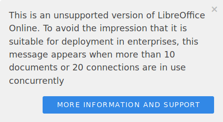 Ekrankopio de averto pri nesubtenata versio de LibreOffice Online